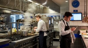 Cocinero en cocina profesional fichando su entrada al trabajo mediante el móvil