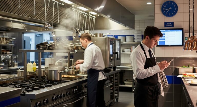 Cocinero en cocina profesional fichando su entrada al trabajo mediante el móvil