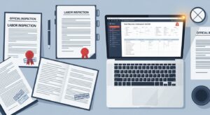 Vista cenital de documentos de inspección de trabajo y sanciones por registro horario incorrecto