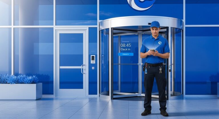 Empleada de limpieza fichando su entrada mediante el móvil a la llegada al centro de trabajo