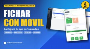 Miniatura del vídeo-tutorial de FicharConMovil con el lema 'Fichar con móvil — configura tu app en 5 minutos' y capturas del panel de administración