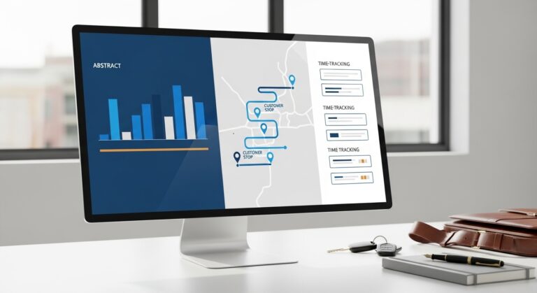Pantalla de ordenador mostrando un panel de control de fichaje con rutas comerciales y tiempos por visita en cliente — control horario para equipos de venta externa sin rastreo continuo