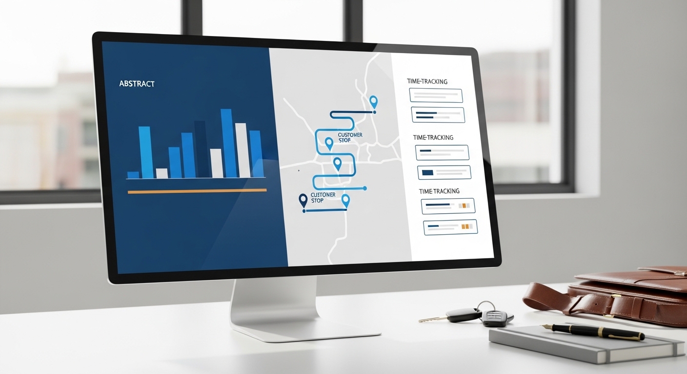 Pantalla de ordenador mostrando un panel de control de fichaje con rutas comerciales y tiempos por visita en cliente — control horario para equipos de venta externa sin rastreo continuo