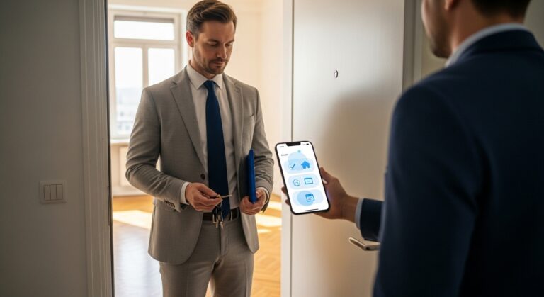 Agente inmobiliario en la puerta de un piso entregando llaves a un cliente y revisando su movil para fichar la entrada y salida de la visita - registro horario en inmobiliarias sin GPS continuo