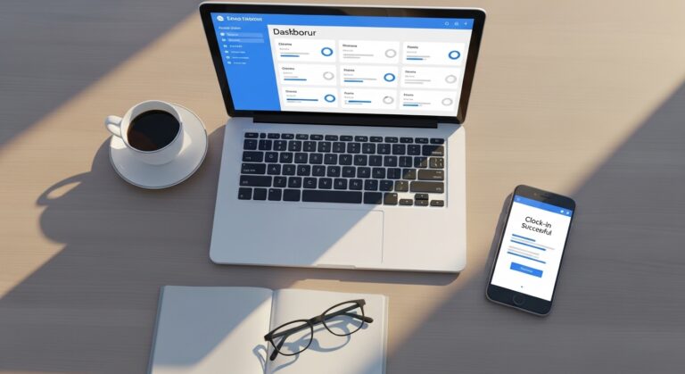 Vista cenital de un escritorio de teletrabajo con portátil, móvil y café — fichaje desde casa