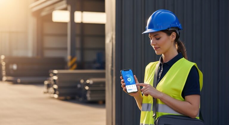 Tecnica de prevencion de riesgos laborales con casco azul y chaleco de alta visibilidad fichando desde el movil al entrar a una planta industrial - fichaje por cliente para servicios de prevencion ajenos