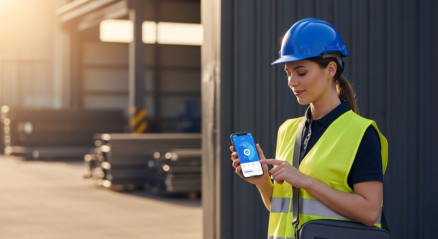 Tecnica de prevencion de riesgos laborales con casco azul y chaleco de alta visibilidad fichando desde el movil al entrar a una planta industrial - fichaje por cliente para servicios de prevencion ajenos