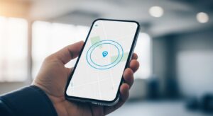 Primer plano de un móvil mostrando un mapa con el perímetro de geofencing alrededor de una ubicación de trabajo