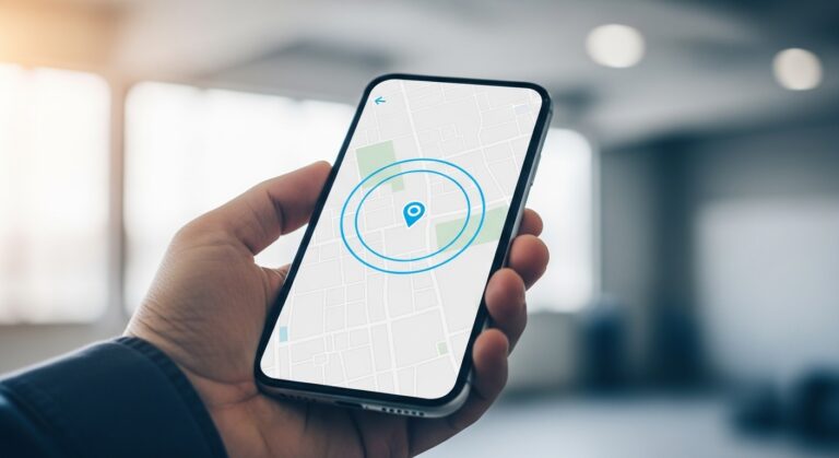 Primer plano de un móvil mostrando un mapa con el perímetro de geofencing alrededor de una ubicación de trabajo