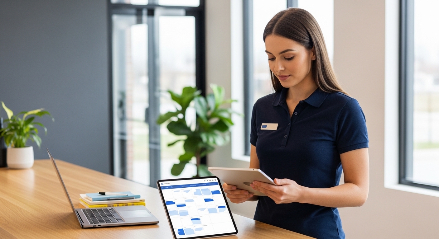 Empleada joven con uniforme corporativo azul revisando el cuadrante de turnos en una tablet — gestion del art. 23 ET para empleados que cursan estudios reglados