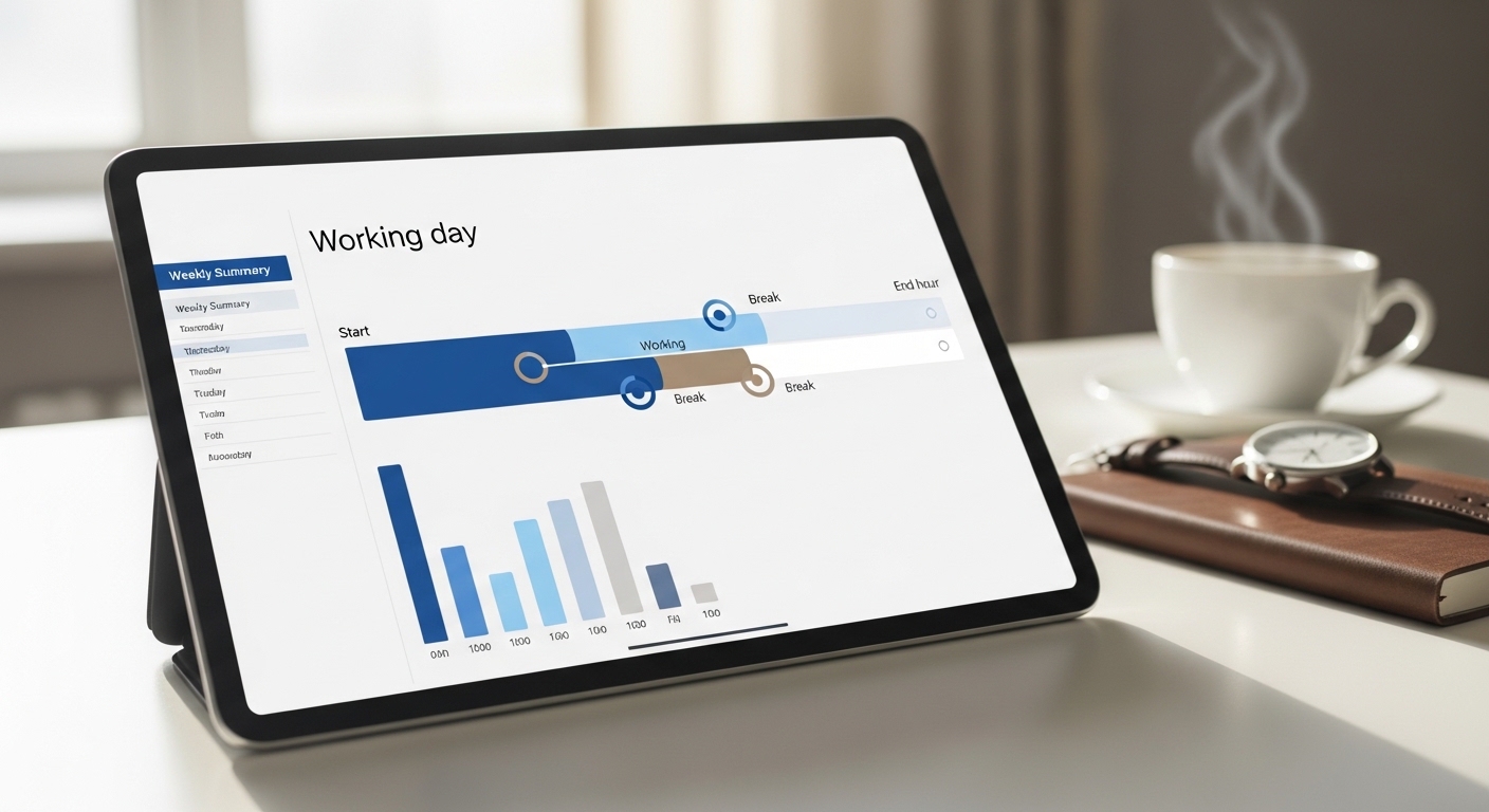 Tablet sobre escritorio mostrando un panel de control horario con jornada, descansos y horas extra — registro legal de jornada laboral en España 2026