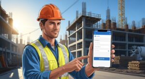 Trabajador de construcción fichando su entrada en obra con el móvil, control horario en construcción
