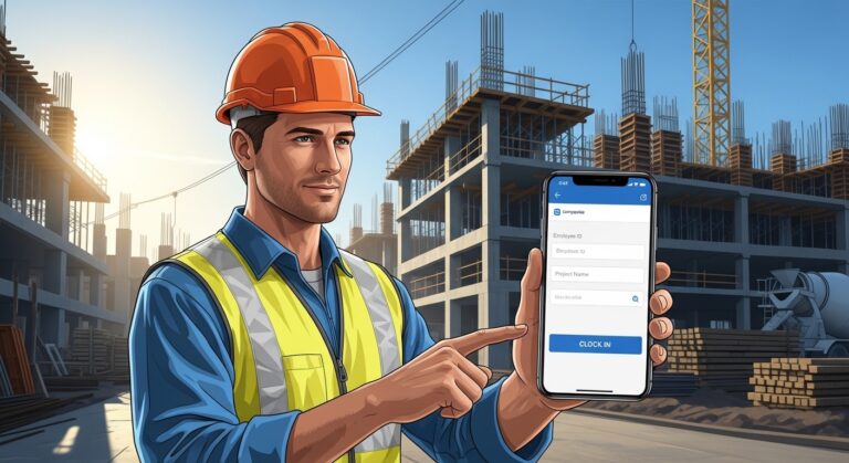 Trabajador de construcción fichando su entrada en obra con el móvil, control horario en construcción