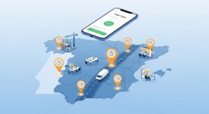 Mapa de España con pines GPS de fichaje en distintas ubicaciones (obra, oficina, restaurante, comercio) y smartphone con app de control horario