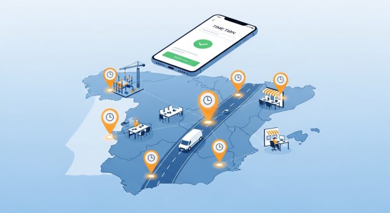 Mapa de España con pines GPS de fichaje en distintas ubicaciones (obra, oficina, restaurante, comercio) y smartphone con app de control horario