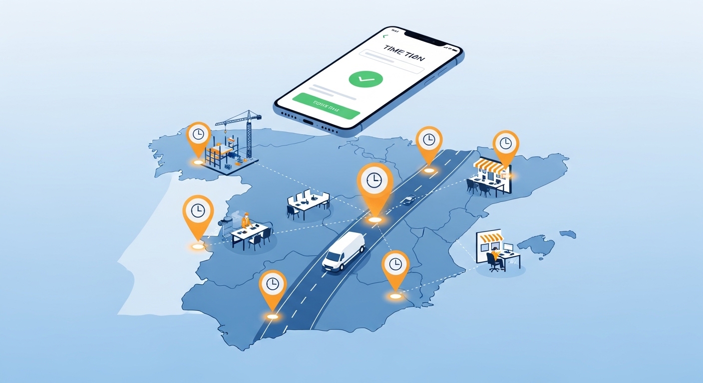 Mapa de España con pines GPS de fichaje en distintas ubicaciones (obra, oficina, restaurante, comercio) y smartphone con app de control horario