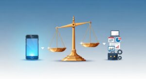 Balanza dorada que compara FicharConMovil (smartphone) y Bizneo (suite HRMS con varias herramientas integradas)