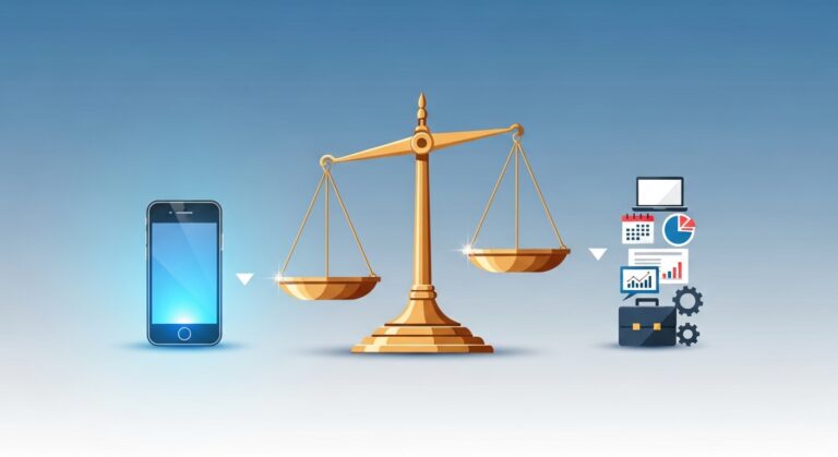 Balanza dorada que compara FicharConMovil (smartphone) y Bizneo (suite HRMS con varias herramientas integradas)