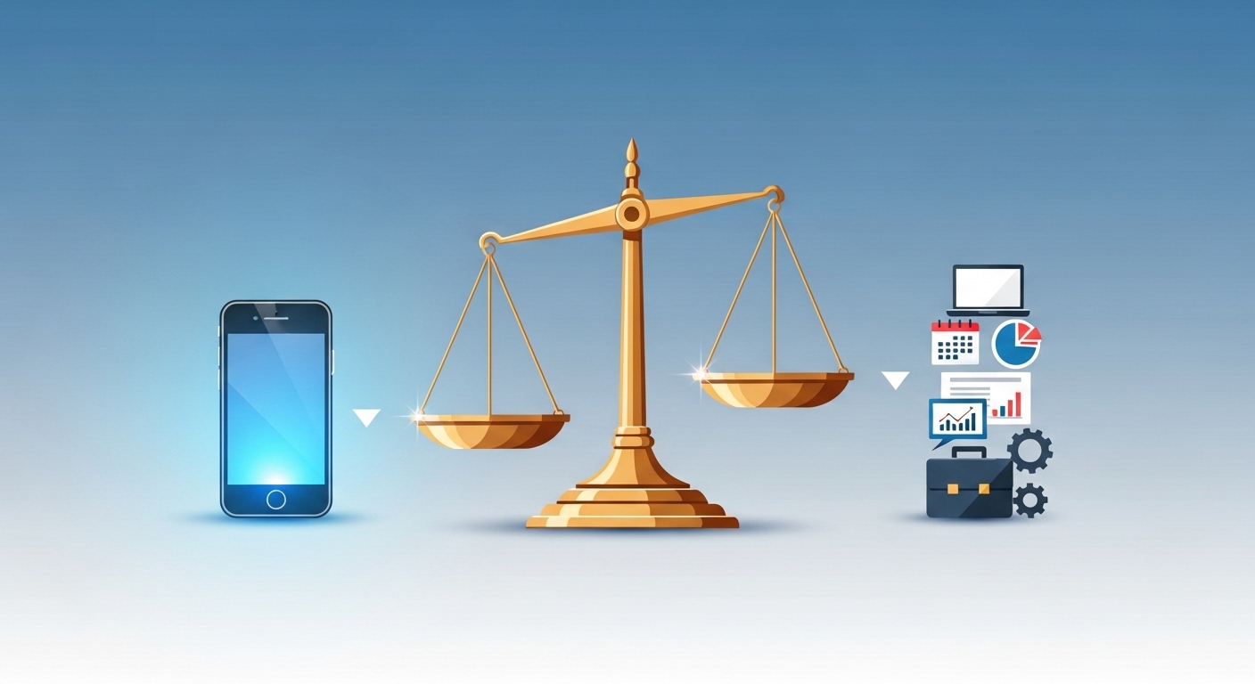 Balanza dorada que compara FicharConMovil (smartphone) y Bizneo (suite HRMS con varias herramientas integradas)