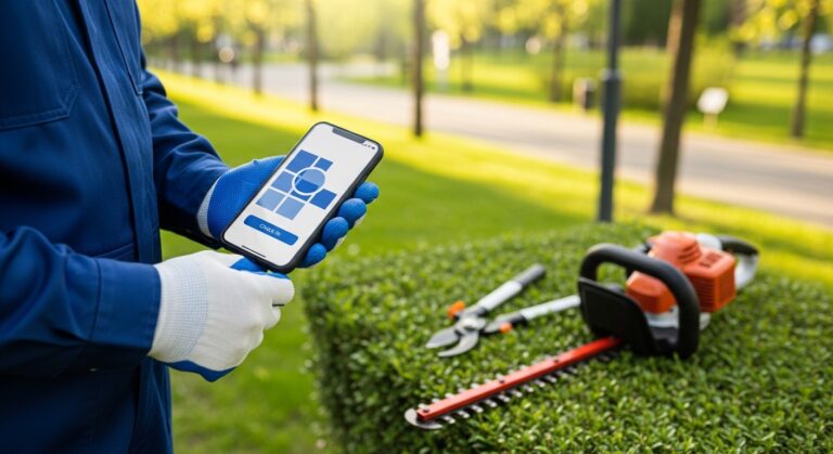 Operario de jardineria con guantes y uniforme azul comprobando el fichaje desde el movil junto a un seto recien podado en un parque â control horario para cuadrillas de mantenimiento de espacios verdes
