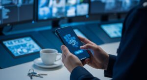 Manos de un vigilante de seguridad con uniforme oscuro fichando desde el movil en un puesto de control nocturno — fichaje multi-centro y nocturnidad para empresas de seguridad privada