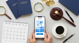 Escritorio de oficina visto desde arriba con un smartphone que muestra una app de fichaje, un calendario y documentos legales sin texto — fichaje digital obligatorio y registro de jornada en 2026