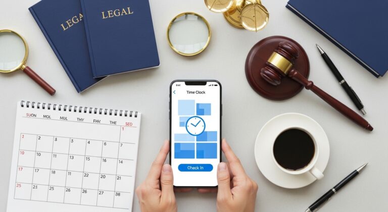 Escritorio de oficina visto desde arriba con un smartphone que muestra una app de fichaje, un calendario y documentos legales sin texto â fichaje digital obligatorio y registro de jornada en 2026