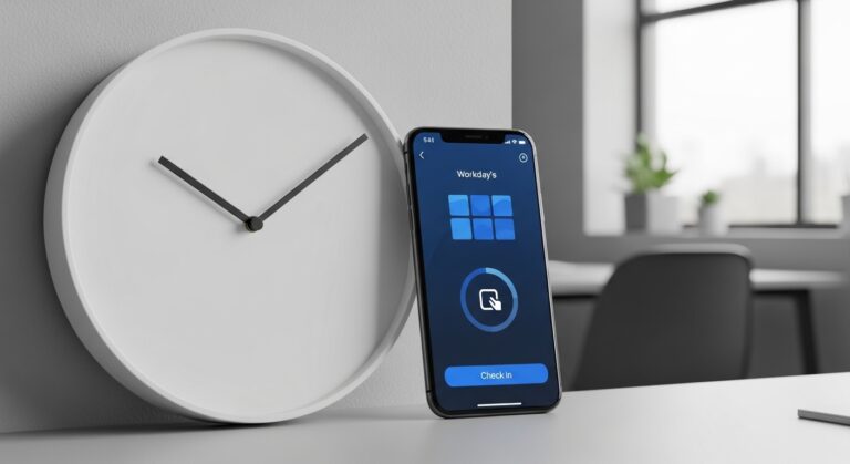 Reloj de pared moderno y un smartphone con una app de fichaje sobre una mesa de oficina â jornada de 37,5 horas y control horario en España
