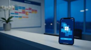 Mostrador de un centro con servicio 24 horas de noche y un smartphone con una app de fichaje — control horario en empresas con turnos rotativos en España