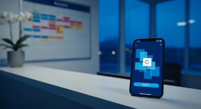 Mostrador de un centro con servicio 24 horas de noche y un smartphone con una app de fichaje â control horario en empresas con turnos rotativos en España
