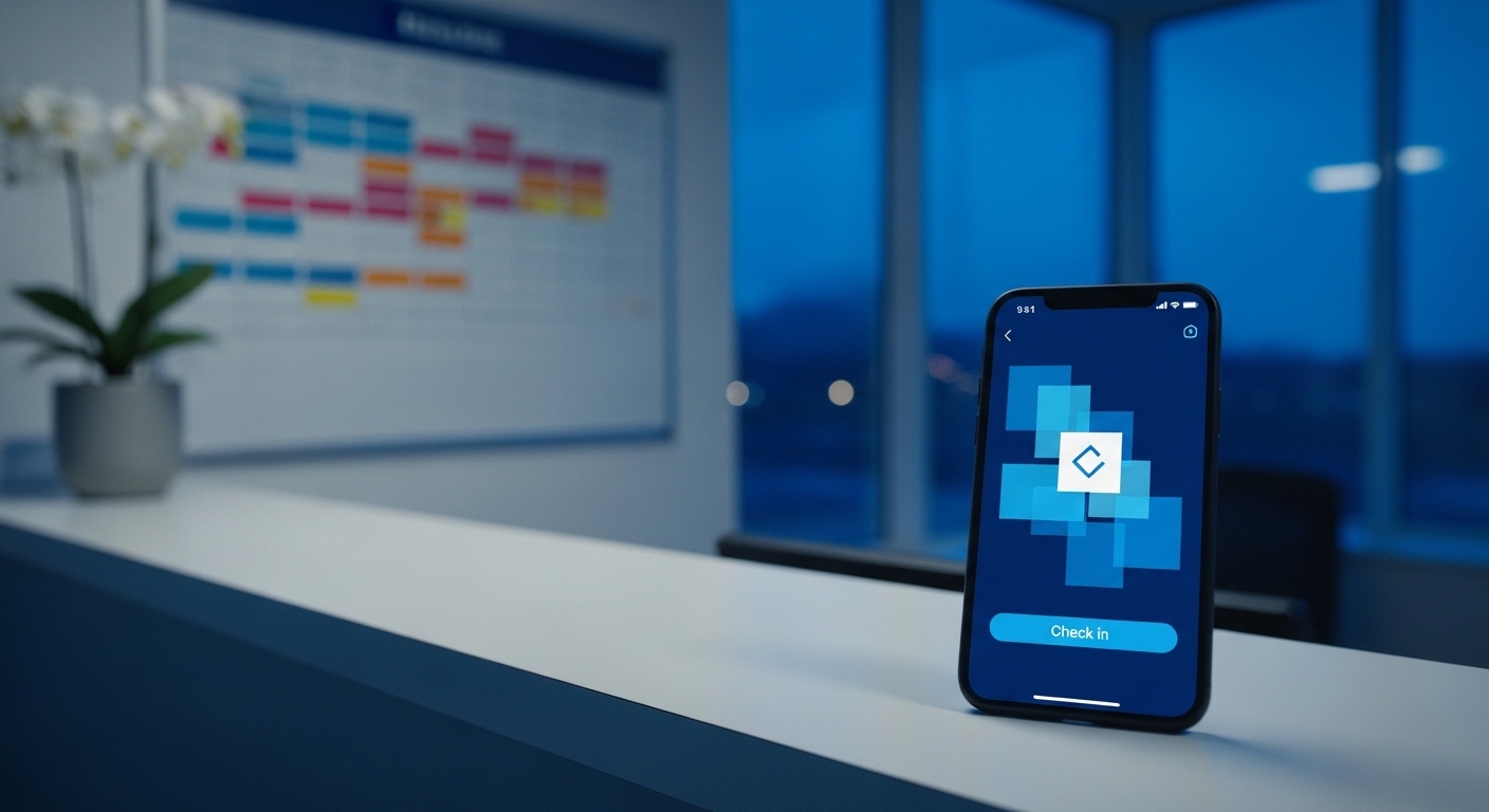 Mostrador de un centro con servicio 24 horas de noche y un smartphone con una app de fichaje — control horario en empresas con turnos rotativos en España