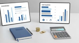 Mesa de oficina con una calculadora, monedas de euro y un panel de control mostrando una comparativa de costes de un sistema de fichaje para una pyme — análisis de precio y ahorro del control horario