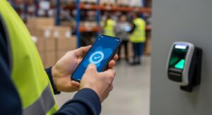Manos de un trabajador con chaleco reflectante fichando desde su móvil en su puesto dentro de un almacén — el tiempo de fichar como tiempo de trabajo efectivo, sin colas en un terminal
