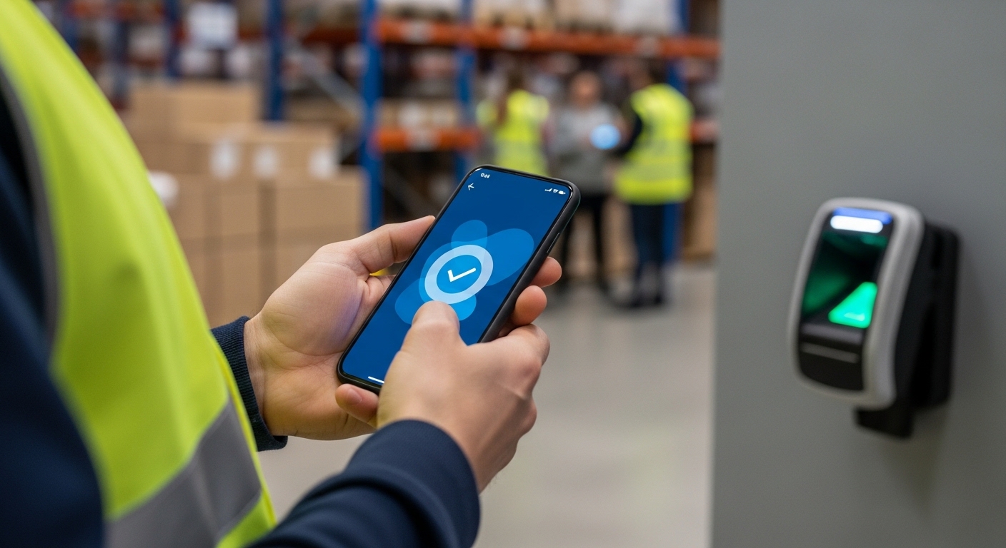 Manos de un trabajador con chaleco reflectante fichando desde su móvil en su puesto dentro de un almacén — el tiempo de fichar como tiempo de trabajo efectivo, sin colas en un terminal