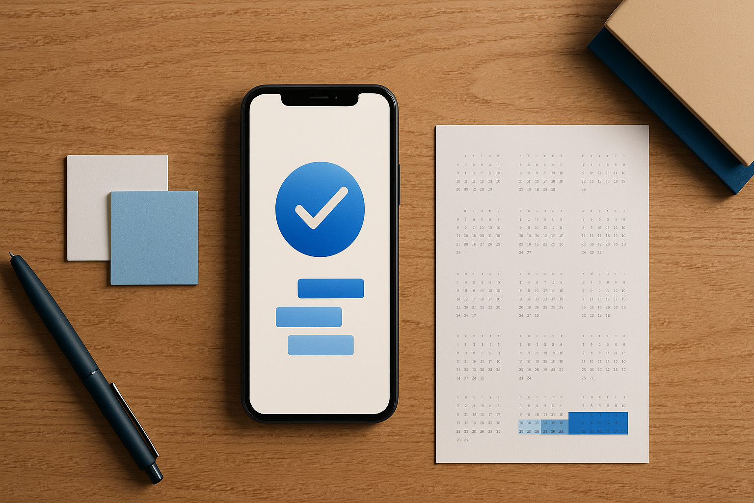 Vista cenital de una mesa de trabajo con un smartphone mostrando una app de fichaje, un calendario anual con la temporada de otoño marcada y notas de horas — control de la bolsa de horas en la distribución irregular de la jornada