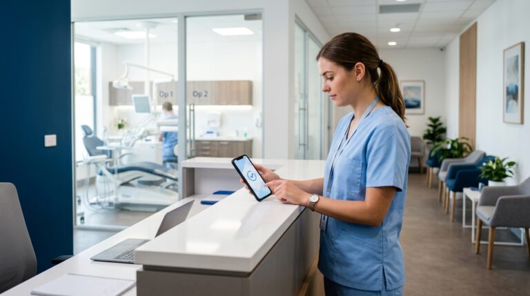 Auxiliar de una clínica dental fichando su turno desde el móvil en la recepción de la clínica, con los gabinetes al fondo — control horario y registro de jornada en una clínica dental