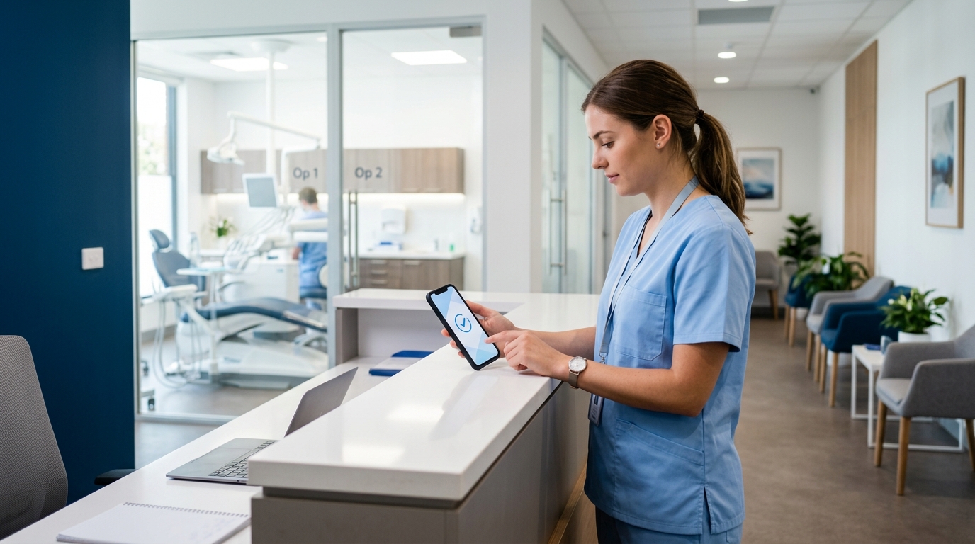 Auxiliar de una clínica dental fichando su turno desde el móvil en la recepción de la clínica, con los gabinetes al fondo — control horario y registro de jornada en una clínica dental