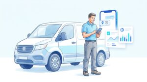 Comparativa de control horario: un profesional en movilidad ficha su jornada desde una burbuja de chat de mensajería en el móvil, con icono de ubicación y reloj