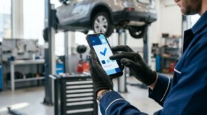 Manos de un mecánico de automoción fichando su jornada desde el móvil en el taller, con un vehículo sobre el elevador al fondo — control horario y registro de jornada en un taller mecánico