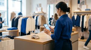 Dependienta de una tienda de moda fichando su turno desde el móvil en el mostrador, con expositores de ropa al fondo — control horario y registro de jornada en el comercio y las tiendas
