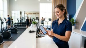 Recepcionista de un gimnasio fichando su turno desde el móvil en el mostrador de recepción, con la sala de musculación desenfocada al fondo — control horario y registro de jornada en gimnasios y centros deportivos