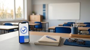 Mesa de profesor en un aula de academia con un smartphone mostrando la app de fichaje, libros y material docente — control horario y registro de jornada en academias y centros de formación