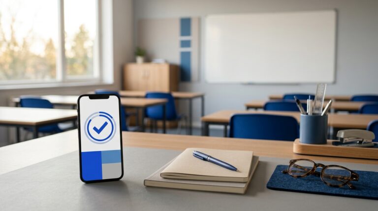 Mesa de profesor en un aula de academia con un smartphone mostrando la app de fichaje, libros y material docente — control horario y registro de jornada en academias y centros de formación