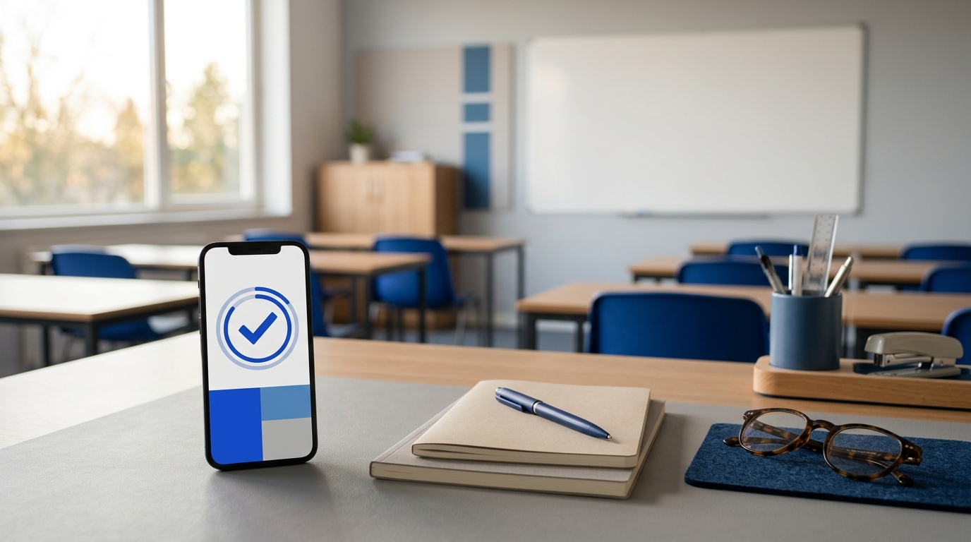 Mesa de profesor en un aula de academia con un smartphone mostrando la app de fichaje, libros y material docente — control horario y registro de jornada en academias y centros de formación