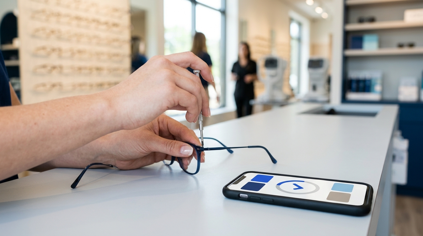 Manos de un profesional ajustando unas gafas en el mostrador de una óptica junto a un smartphone con la app de fichaje — control horario y registro de jornada en ópticas