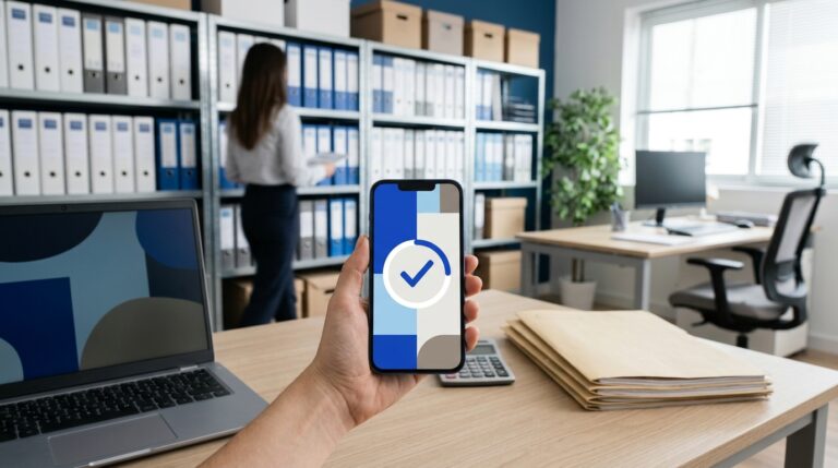 Persona fichando desde el móvil en la mesa de una asesoría laboral y gestoría, con estanterías de archivadores y expedientes al fondo — control horario y registro de jornada en despachos profesionales