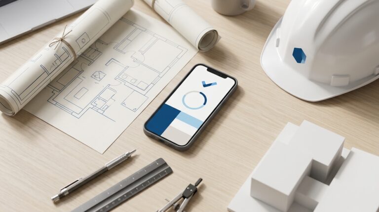 Vista cenital de la mesa de trabajo de un estudio de arquitectura con planos enrollados, escalímetro, casco de obra y un smartphone con la app de fichaje — control horario y registro de jornada en estudios de arquitectura e ingeniería