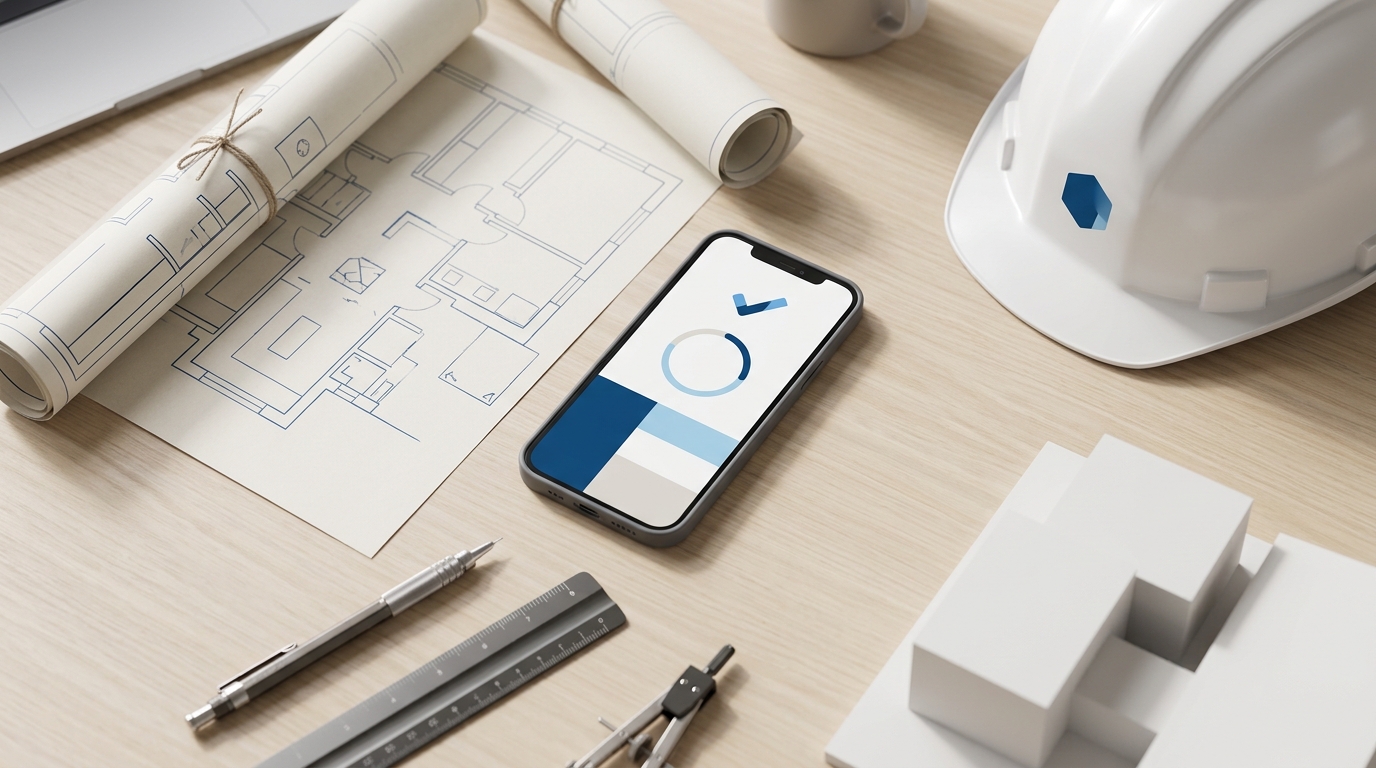 Vista cenital de la mesa de trabajo de un estudio de arquitectura con planos enrollados, escalímetro, casco de obra y un smartphone con la app de fichaje — control horario y registro de jornada en estudios de arquitectura e ingeniería