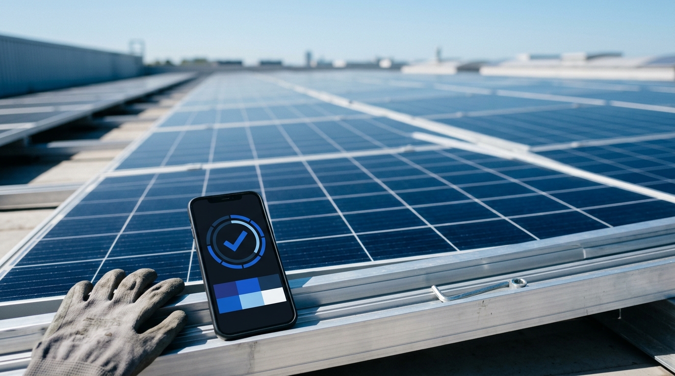 Smartphone con la app de fichaje en primer plano sobre una hilera de módulos fotovoltaicos en una cubierta industrial — control horario y registro de jornada para instaladoras de energía solar