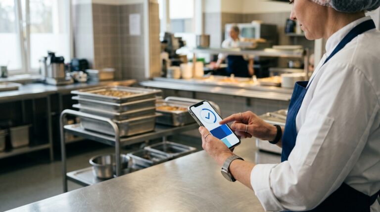 Trabajadora de cocina de colectividad fichando desde el móvil en el office, con carro de bandejas gastronorm al fondo — control horario y registro de jornada para empresas de catering y restauración colectiva